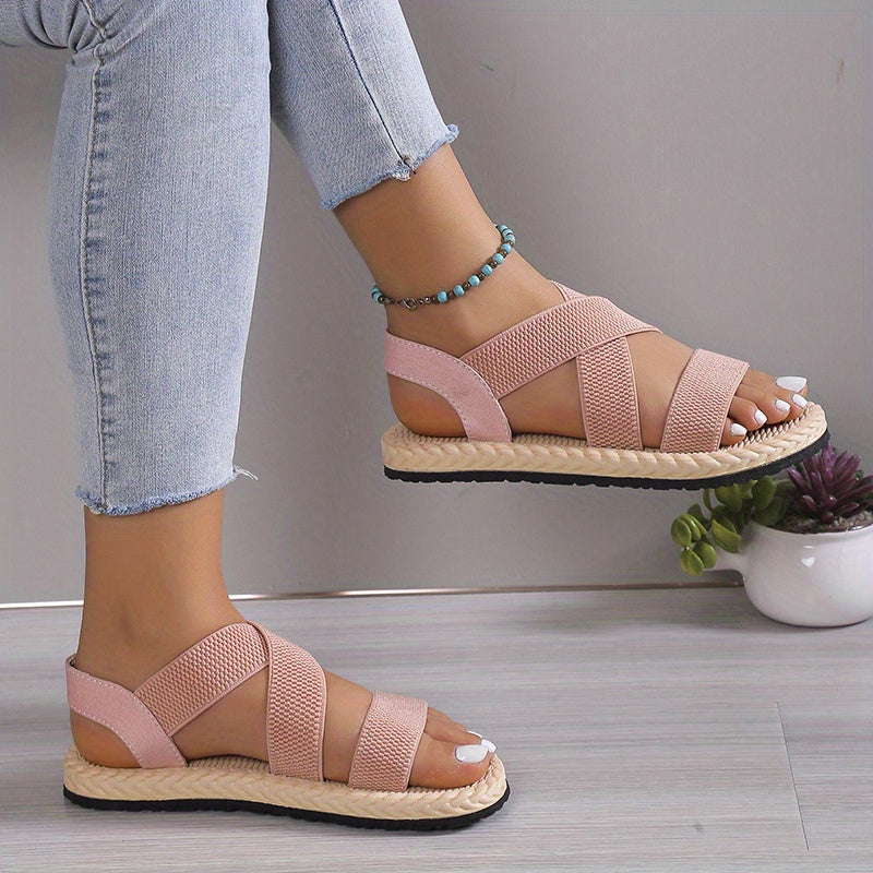 [Elastic Flat Women's Sandals] Women's Elastic Band Flat Sandals, Casual Cross Strap Outdoor Sandals, Comfortable Beach Sandals