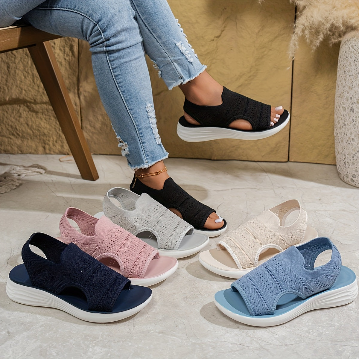 [Comfortable Sandals] Comfortable Women's Summer Open-Toe Running Sandals | Breathable Fabric Slide Sandals with Cushioned PU Sole for Beach, Swimming & Casual Wear - Black, Slipon Footwear, Synthetic Synthetic Leather Insole, Minimalist Design