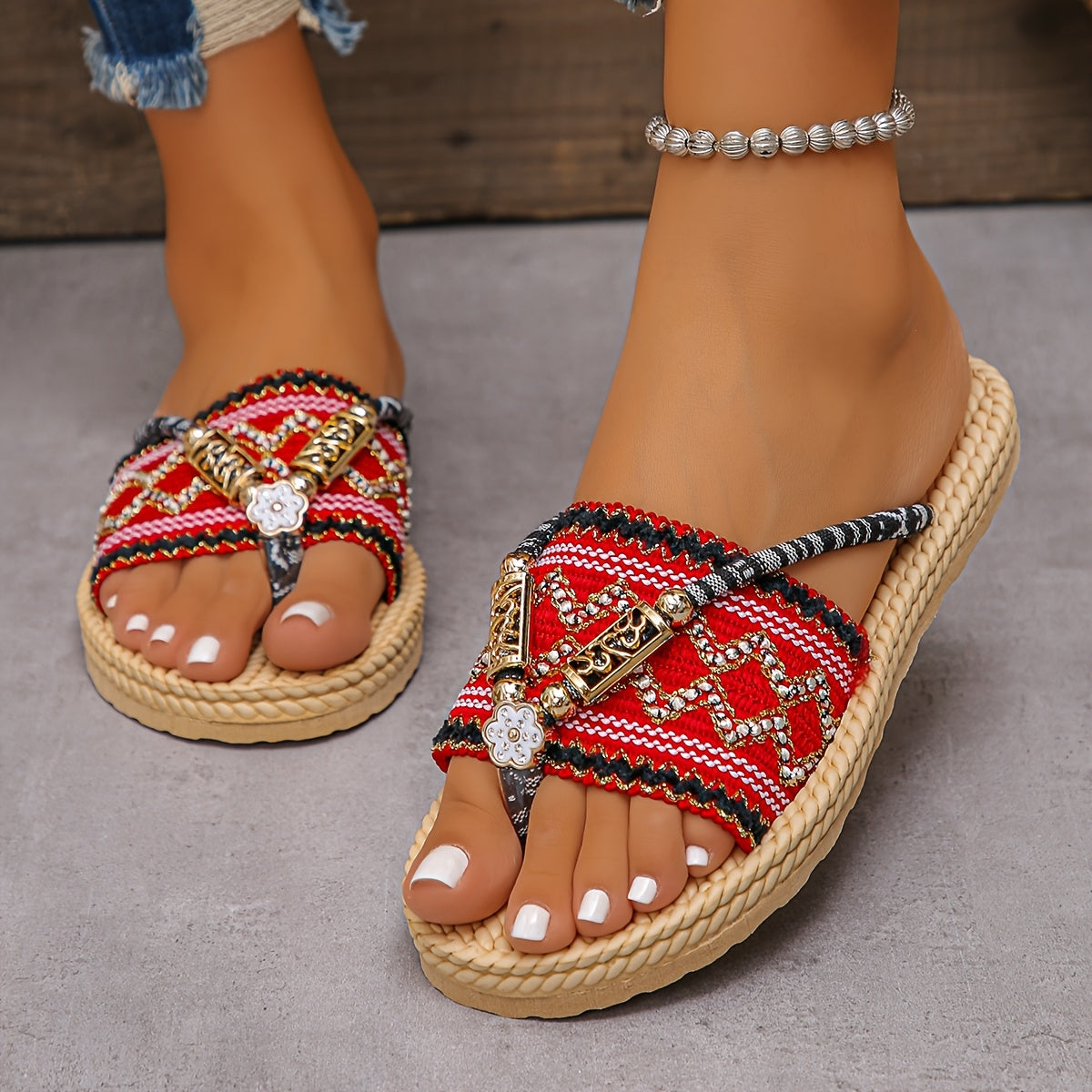 [Elegant Sandals] Elegant Chinese Ethnic Style Women's Flat Sandals | Colorful Beaded Ankle Straps, Open-Toe Design, Braided Sole - Summer Casual Footwear