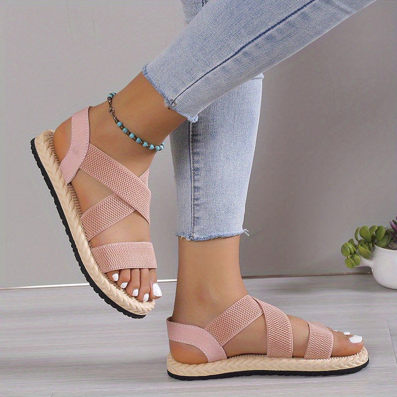 [Elastic Flat Women's Sandals] Women's Elastic Band Flat Sandals, Casual Cross Strap Outdoor Sandals, Comfortable Beach Sandals