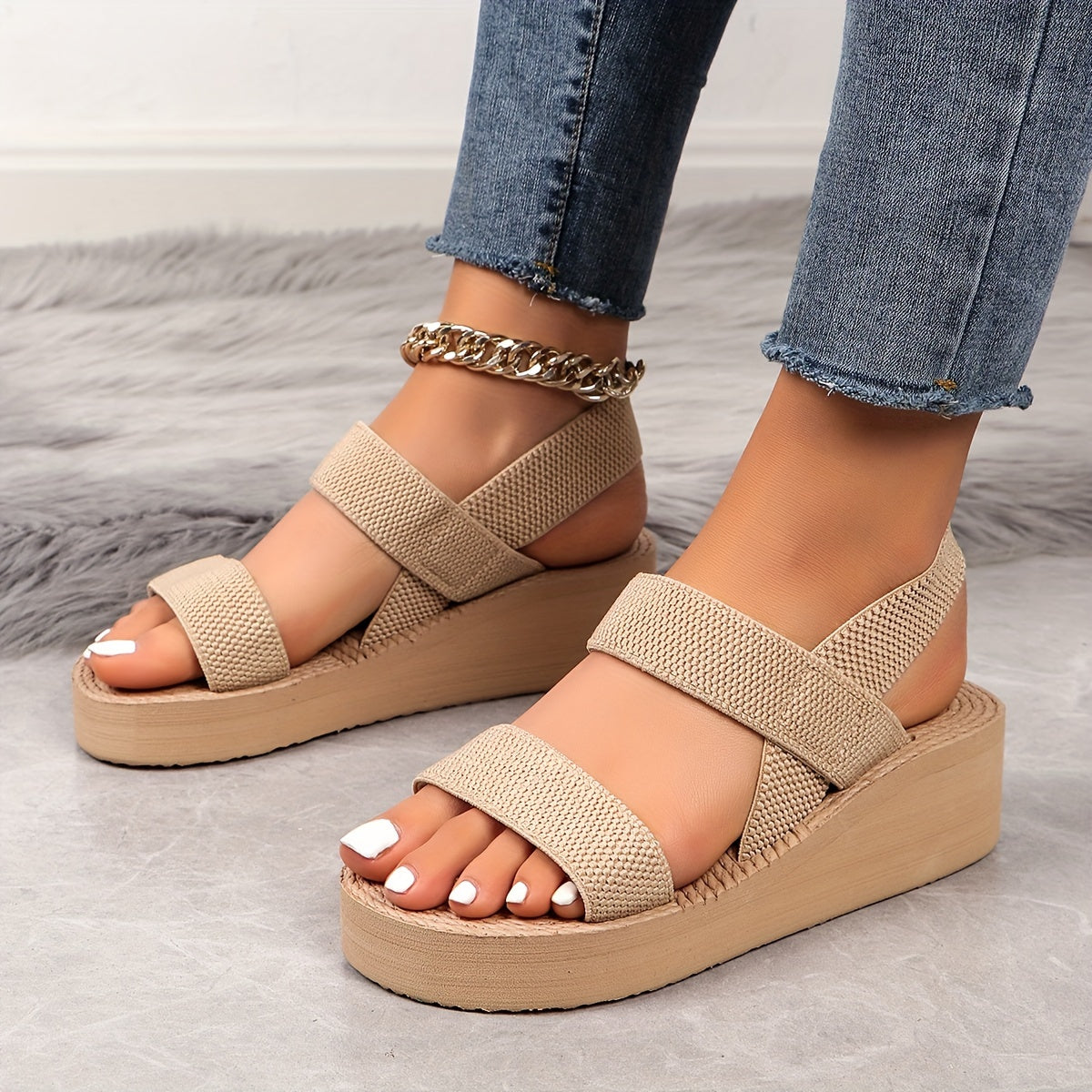 [Chic Summer Sandals] Comfortable Beige Summer Women's High Heel Sandals | Open Toe with Ankle Strap, EVA Sole, Fashion Wedge Heels for Beach and Travel, Strappy Sandals, Straw-Texture Fabric