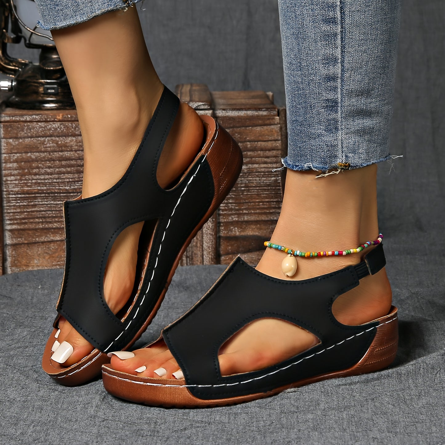 [Summer Sandals] Summer Comfortable Women's Wedge Sports Sandals | Solid Color Casual Versatile Open-Toe Simple Outdoor Vacation Thick Sole Hollowed-Out Barefoot Stretch Elastic Strap Beach Sandals