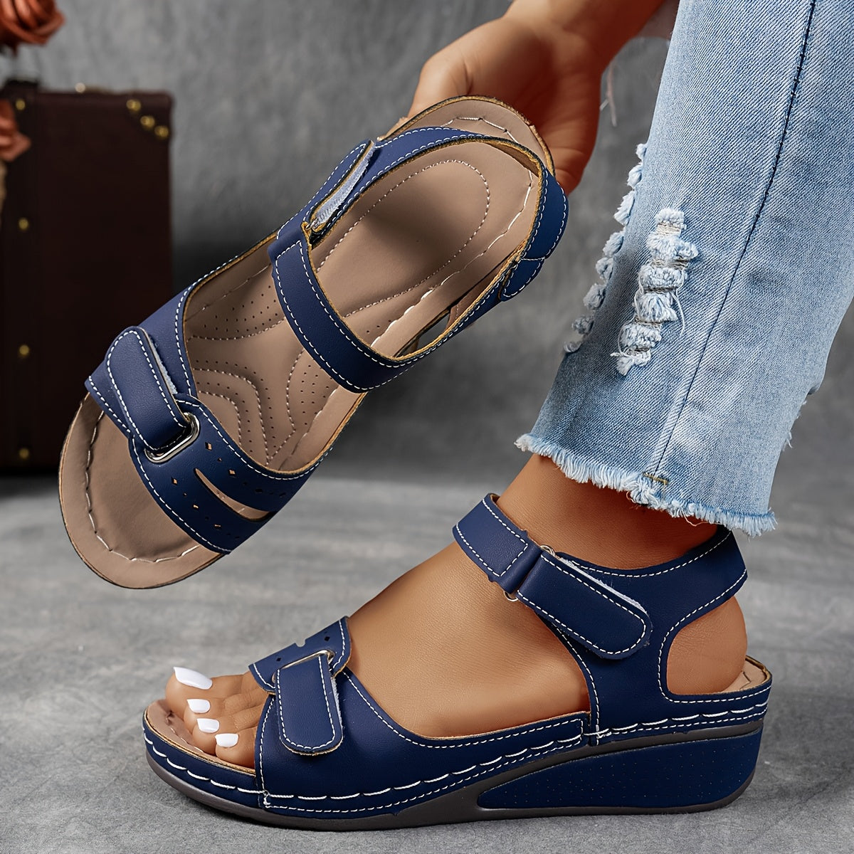 ZPLXQQ Women's Beige Wedge Sandals - Comfortable Open Toe Platform Shoes with Adjustable Ankle Strap, Perforated Design for Breathability, Casual Summer Fashion, Strappy Sandals