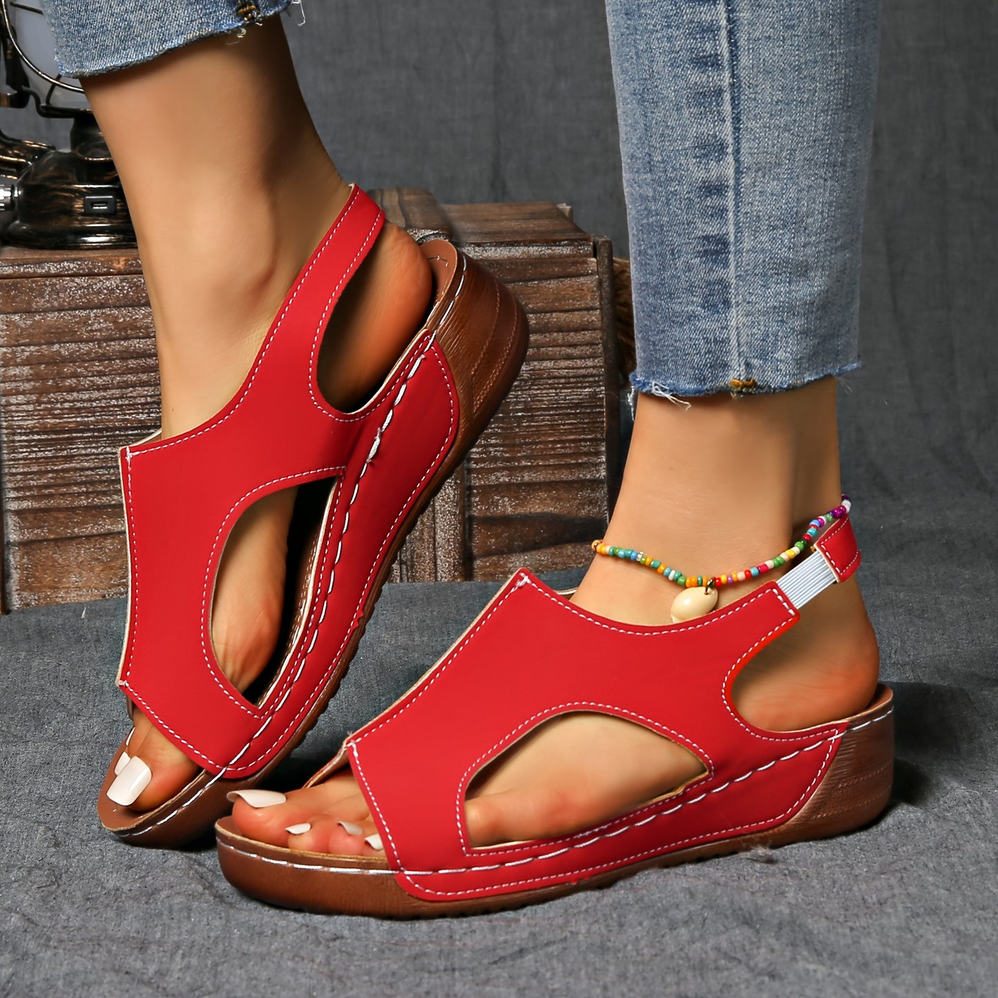 [Summer Sandals] Summer Comfortable Women's Wedge Sports Sandals | Solid Color Casual Versatile Open-Toe Simple Outdoor Vacation Thick Sole Hollowed-Out Barefoot Stretch Elastic Strap Beach Sandals