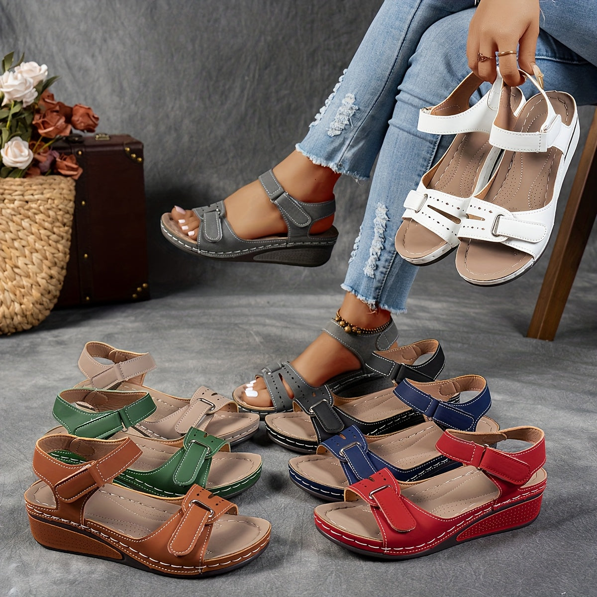 ZPLXQQ Women's Beige Wedge Sandals - Comfortable Open Toe Platform Shoes with Adjustable Ankle Strap, Perforated Design for Breathability, Casual Summer Fashion, Strappy Sandals