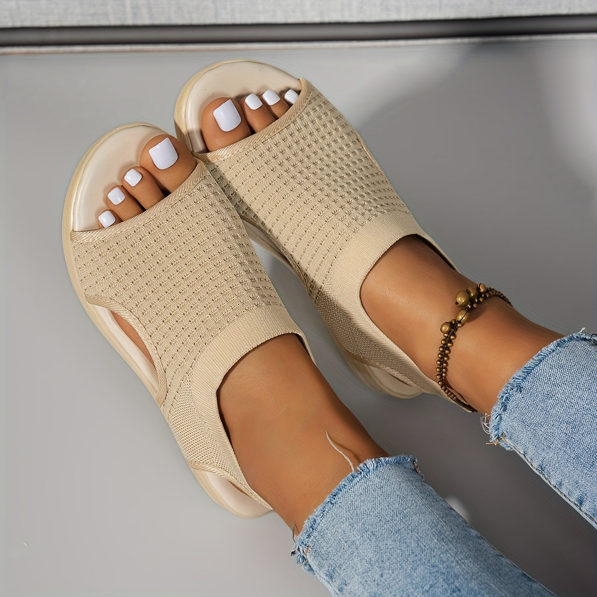 CNSN Women'S Summer Casual Platform Sandals - Open-Toe Breathable Knit Fabric with Elastic Ankle Strap, Thick Cushioned PU Sole for Beach, Casual Attire & Casual Attire, Beach Footwear, Comfortable Footwear