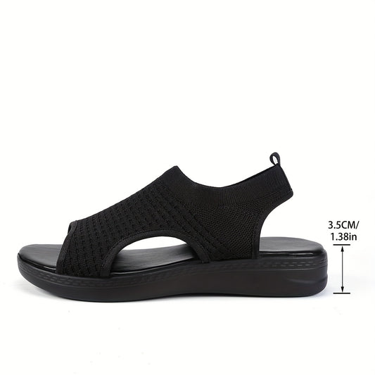 CNSN Women'S Summer Casual Platform Sandals - Open-Toe Breathable Knit Fabric with Elastic Ankle Strap, Thick Cushioned PU Sole for Beach, Casual Attire & Casual Attire, Beach Footwear, Comfortable Footwear