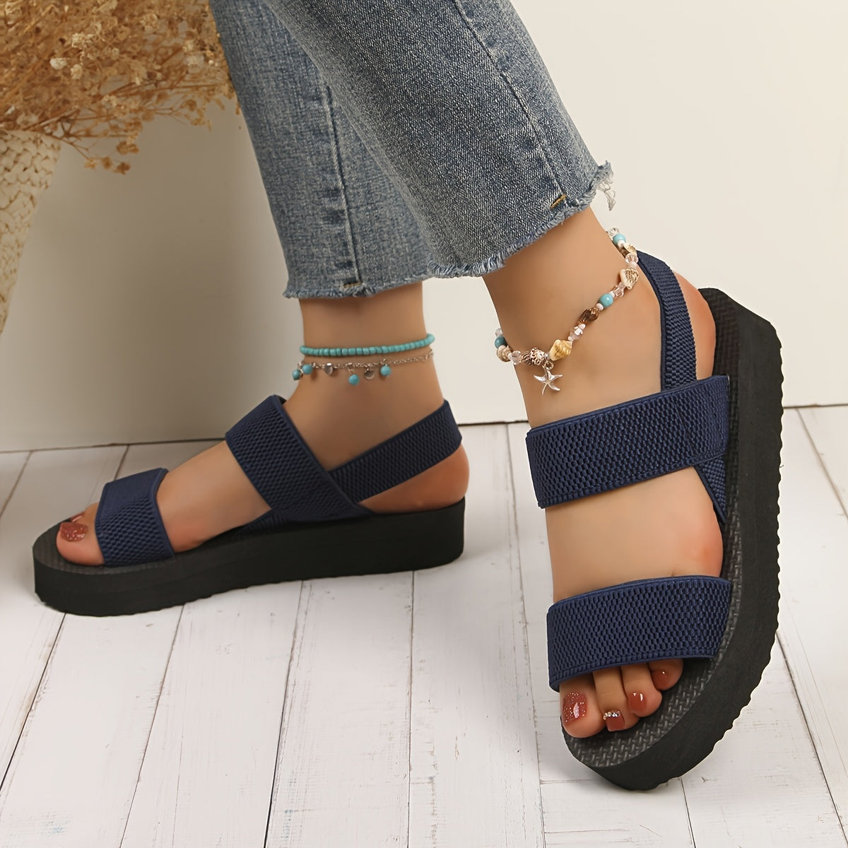 [Summer Elastic Flat Slippers] Women's Flat Slippers Summer Summer Elastic Band Flat Slippers Women's Thick Sole Slippers Fashionable Outdoor Slippers