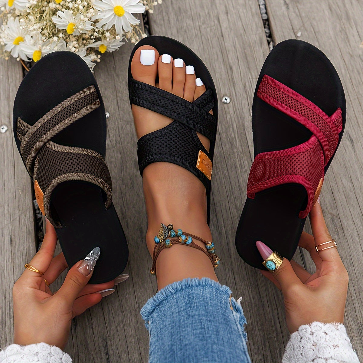 [Breathable Mesh] Women's Breathable Mesh Slide Sandals | Comfortable Open-Toe Flat Shoes | Lightweight | Crisscross Straps, Casual Indoor & Outdoor Wear | Summer | Strappy