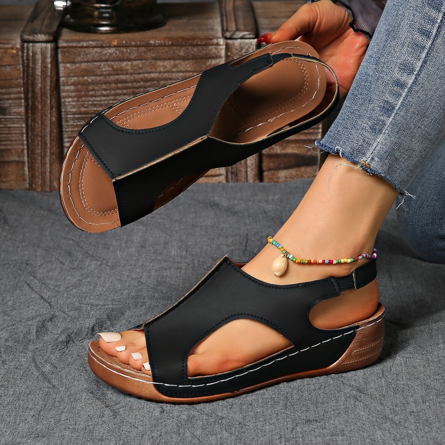 [Summer Sandals] Summer Comfortable Women's Wedge Sports Sandals | Solid Color Casual Versatile Open-Toe Simple Outdoor Vacation Thick Sole Hollowed-Out Barefoot Stretch Elastic Strap Beach Sandals