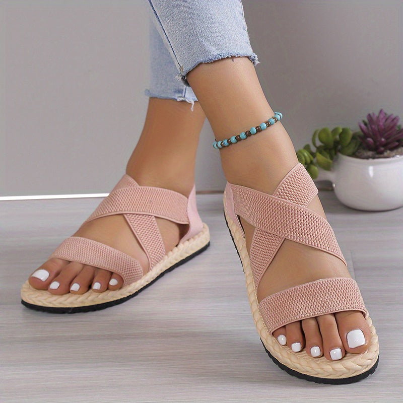 [Elastic Flat Women's Sandals] Women's Elastic Band Flat Sandals, Casual Cross Strap Outdoor Sandals, Comfortable Beach Sandals
